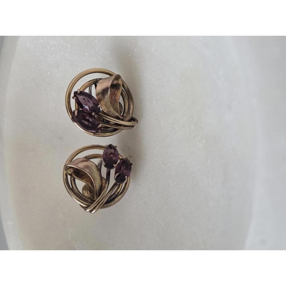 Gold Filled Screw Back Earrings – Purple Rhinestones, Mid-Century Jewelry